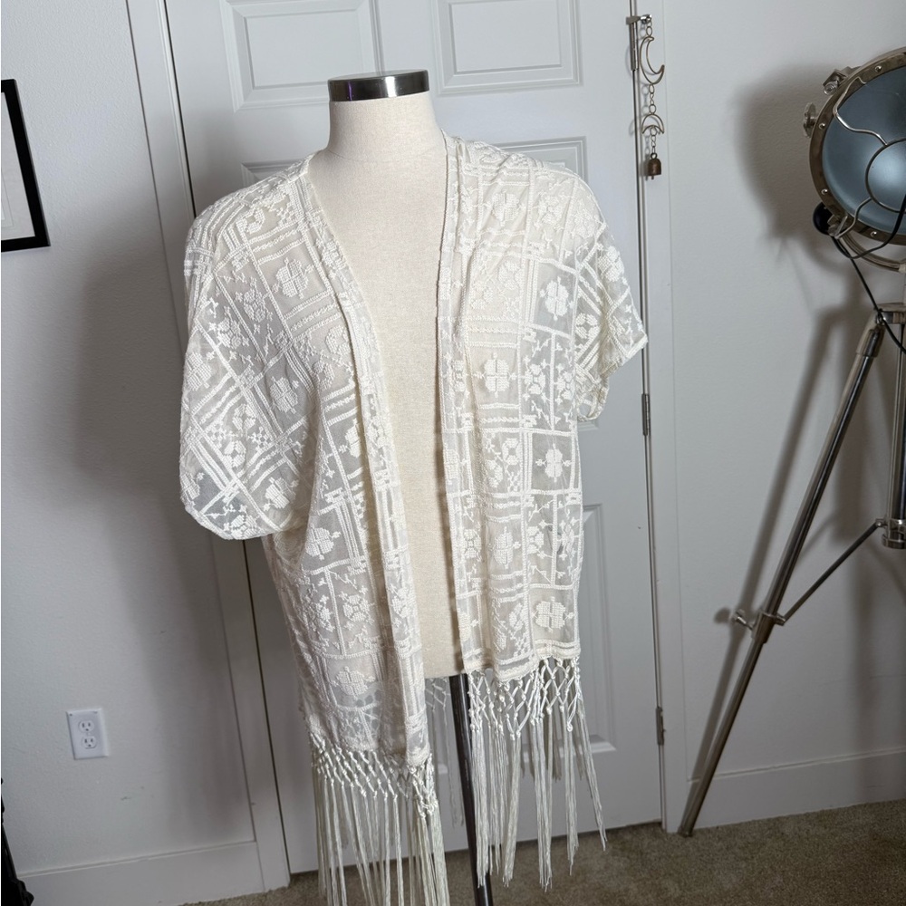 Torrid Cream Open-Knit Fringe Cardigan